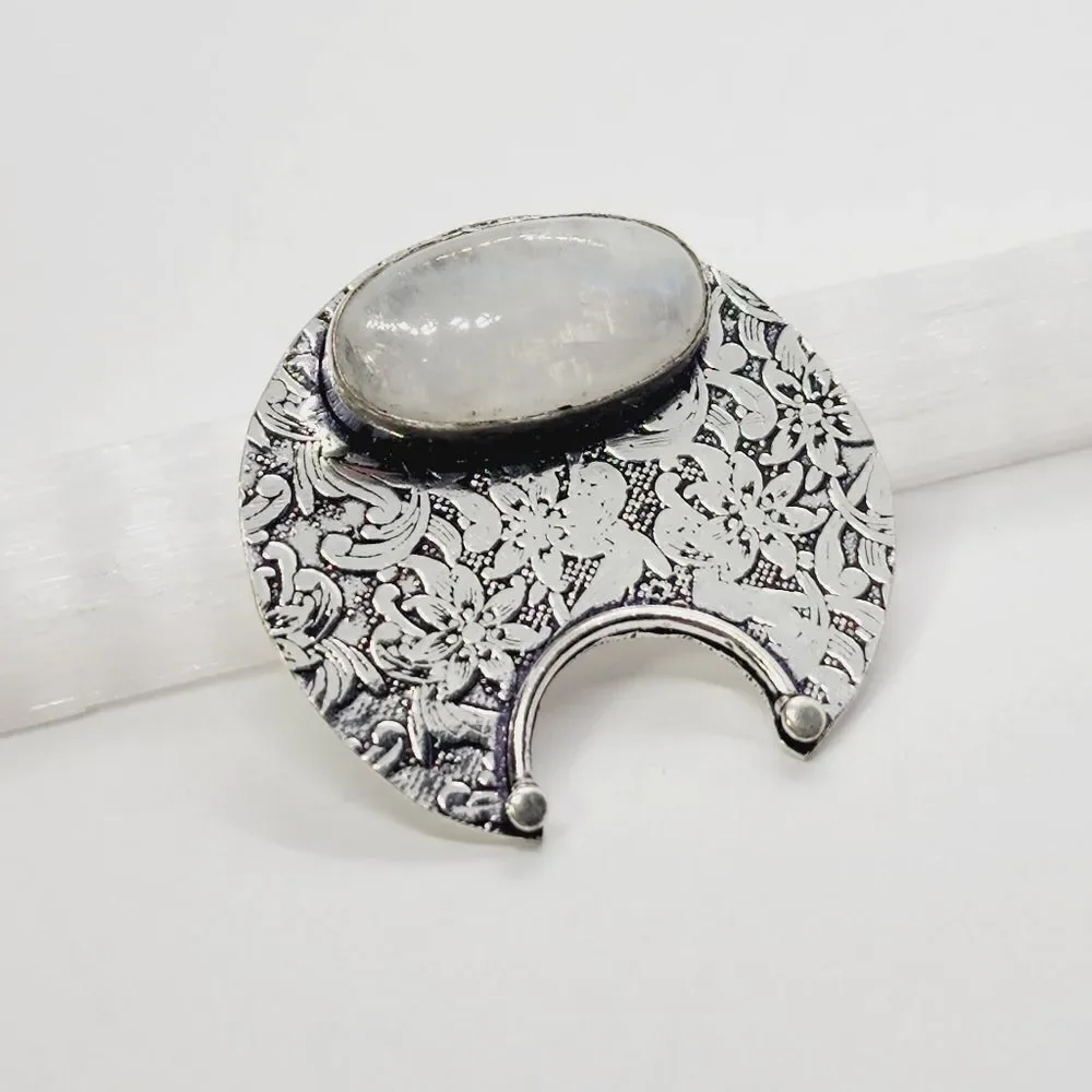 Rainbow Moonstone Sliver Plated Antique Style Pendant Size 1.4